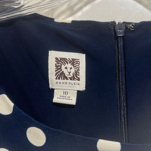 Anne Klein dress flare navy cream polka dots cap sleeve slinky 10 - Picture 2 of 9